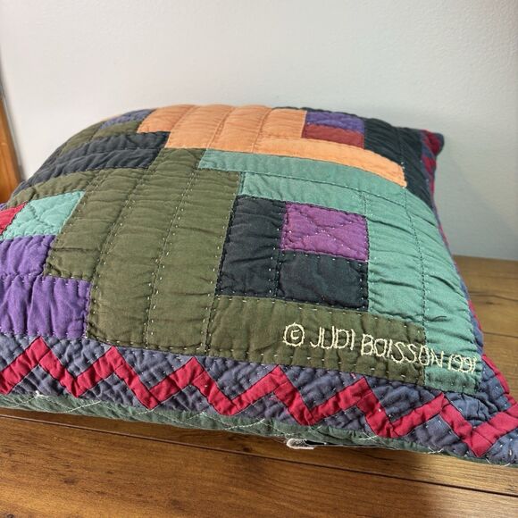 VTG Judi Boisson Cotton Log Cabin Patchwork Quilted Throw Pillow 90s 16x16" - Picture 3 of 8